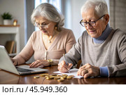 Pension. Saving money. Savings. An elderly couple calculates their savings. Financial literacy. Стоковое AI-изображение, AI-художник Photojuli / Фотобанк Лори
