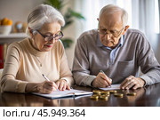 Pension. Saving money. Savings. An elderly couple calculates their savings. Financial literacy. Стоковое AI-изображение, AI-художник Photojuli / Фотобанк Лори