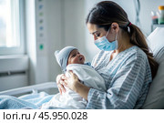 A woman in a hospital bed in the maternity ward. Mom has a newborn baby in her arms. Pregnancy and childbirth. Стоковое AI-изображение, AI-художник Photojuli / Фотобанк Лори