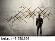 Businessman looking at scribbled wall with intersecting lines representing market volatility. Стоковое AI-изображение, AI-художник Иван Рябоконь / Фотобанк Лори