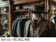 Mannequin wearing elegant tweed suit and top hat in a retro fashion boutique. Стоковое AI-изображение, AI-художник Иван Рябоконь / Фотобанк Лори