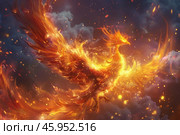Majestic phoenix rising from ashes in fiery rebirth. Стоковое AI-изображение, AI-художник Иван Рябоконь / Фотобанк Лори
