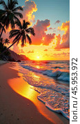A red sunset on the paradisiacal ocean coast with tropical palm trees and waves of surf. Banner for a travel agency, burning tour, a vacation tour in hotel. AI generated. Стоковое AI-изображение, AI-художник Ольга Симонова / Фотобанк Лори
