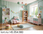 Modern interior design of a children's room with a crib, furniture, toys and personal accessories for a poster. Home decor. Pattern. Стоковое AI-изображение, AI-художник Photojuli / Фотобанк Лори