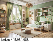 Modern interior design of a children's room with a crib, furniture, toys and personal accessories for a poster. Home decor. Pattern. Стоковое AI-изображение, AI-художник Photojuli / Фотобанк Лори