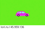 Car on a green screen. Pink sedan car motion isolated on green background. The Auto is moving animated on chroma key backdrop. 2D Animation. 4K Video. Vehicle whose wheels are spinning and is driving. Стоковое AI-видео, аниматор Марина Демидюк / Фотобанк Лори