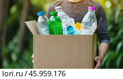 Cropped unrecognized person carrying crate of empty plastic bottles. Recycling plastic concept. Hands with Recycle Bin. Littering of environment. Problem of global plastics pollution of the Earth. Стоковое AI-видео, аниматор Марина Демидюк / Фотобанк Лори