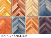 Wooden floor tiles showing different colors and textures, forming a herringbone pattern. Стоковое AI-изображение, AI-художник Иван Рябоконь / Фотобанк Лори