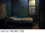 Unmade bed in rundown urban apartment reflecting poverty and despair. Стоковое AI-изображение, AI-художник Иван Рябоконь / Фотобанк Лори