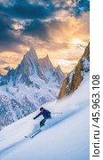 Skier enjoying untouched powder snow at sunrise in the french alps. Стоковое AI-изображение, AI-художник Юрий Поздников / Фотобанк Лори