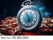 Stopwatch lying on metal surface with chain measuring time and duration. Стоковое AI-изображение, AI-художник Иван Рябоконь / Фотобанк Лори