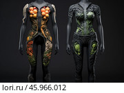 Futuristic sustainable clothing showcased on mannequins, exploring symbiosis between nature and fashion. Стоковое AI-изображение, AI-художник Иван Рябоконь / Фотобанк Лори