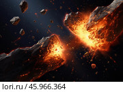 Two asteroids colliding and exploding in space with fire and rocks. Стоковое AI-изображение, AI-художник Иван Рябоконь / Фотобанк Лори