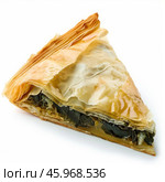 Delicious slice of spanakopita showing flaky phyllo dough and spinach filling. Стоковое AI-изображение, AI-художник Иван Рябоконь / Фотобанк Лори