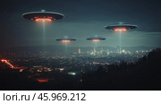 Unidentified flying objects hover over a city buildings skyline at night. Стоковое AI-изображение, AI-художник Михаил Коханчиков / Фотобанк Лори