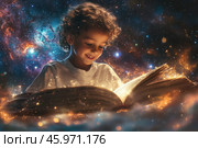 Маленький мальчик, погруженный в увлекательную книгу, излучает поток ярких форм и цветов, символизируя творческую силу образования. Стоковое AI-изображение, AI-художник Ярославский Максим / Фотобанк Лори