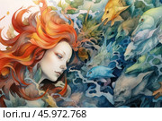 A girl with long, bright red hair that blends seamlessly into the water. The hair is depicted as fluid and rich in different shades: from fiery red to golden, creating an effect of movement and associated with the marine theme. The girl looks to the side, her gaze is calm and focused. Her face has delicate features and a pale skin tone, which contrasts with the brightness of her hair and the scene surrounding her.Next to the girl are depicted a variety of sea creatures: fish, sea animals and fantastic creatures. Their forms vary from realistic to abstract, with soft color transitions from blue and green to gray and golden. Among them, fish with sharp fins stand out, as well as sea dragons and creatures with fantastic features. The surrounding water is depicted in a watercolor technique, using blur and textures, creating a sense of depth and movement. Natural motifs are noticeable between the water elements and leaves, symbolizing the merging of nature with the sea.This painting embodies the harmony between man and the sea, as well as the subtlety of interaction between the real and imaginary worlds. Стоковое AI-изображение, AI-художник Анна Кривицкая / Фотобанк Лори