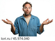 The middle-aged European was surprised and shocked. Isolated on a white background. Стоковое AI-изображение, AI-художник Ярославский Максим / Фотобанк Лори