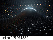Abstract futuristic design: a smooth surface formed by many spheres creates a wave or bulge effect in the center. In the center of the composition is a large shiny sphere that reflects the light. The warm orange lighting contrasts the cool metallic or polymer tone of the image. The whole scene looks technological and futuristic, reminiscent of something from the field of high technology or digital graphics. Стоковое AI-изображение, AI-художник Анна Кривицкая / Фотобанк Лори