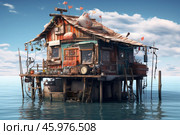 Ramshackle stilt house standing in calm ocean water. Стоковое AI-изображение, AI-художник Иван Рябоконь / Фотобанк Лори