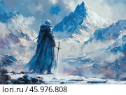 A knight standing on a snowy ground in a cold mountainous area. His back is turned to a huge mountain with a snow-capped peak, while he holds a sword in his hands. The scene is filled with an atmosphere of loneliness and determination, and the landscape emphasizes the grandeur of nature. The painting is done in cold shades of blue and white, which enhances the effect of winter cold and remoteness. Стоковое AI-изображение, AI-художник Анна Кривицкая / Фотобанк Лори