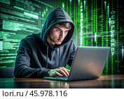 The hacker is working on a laptop, digital codes on a virtual background. Hacking and protecting online data. Digital technologies, software development. Стоковое AI-изображение, AI-художник Photojuli / Фотобанк Лори