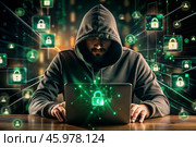 The hacker is working on a laptop, digital codes on a virtual background. Hacking and protecting online data. Digital technologies, software development. Стоковое AI-изображение, AI-художник Photojuli / Фотобанк Лори