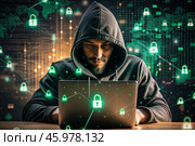The hacker is working on a laptop, digital codes on a virtual background. Hacking and protecting online data. Digital technologies, software development. Стоковое AI-изображение, AI-художник Photojuli / Фотобанк Лори