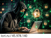 The hacker is working on a laptop, digital codes on a virtual background. Hacking and protecting online data. Digital technologies, software development. Стоковое AI-изображение, AI-художник Photojuli / Фотобанк Лори