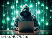 The hacker is working on a laptop, digital codes on a virtual background. Hacking and protecting online data. Digital technologies, software development. Стоковое AI-изображение, AI-художник Photojuli / Фотобанк Лори