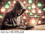 The hacker is working on a laptop, digital codes on a virtual background. Hacking and protecting online data. Digital technologies, software development. Стоковое AI-изображение, AI-художник Photojuli / Фотобанк Лори