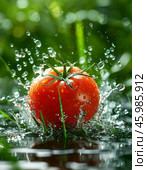 Bright juicy tomato in splashes of water on green background. Стоковое AI-изображение, AI-художник Сергей Елизарьев / Фотобанк Лори