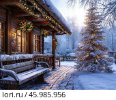 Relaxing on a winter day in a village house. Winter landscape. Стоковое AI-изображение, AI-художник Сергей Елизарьев / Фотобанк Лори