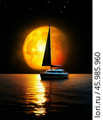 Yacht against the background of the moon, full moon. River landscape. Стоковое AI-изображение, AI-художник Сергей Елизарьев / Фотобанк Лори