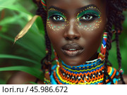 Fashion model posing with colorful makeup and beaded necklace. Стоковое AI-изображение, AI-художник Иван Рябоконь / Фотобанк Лори
