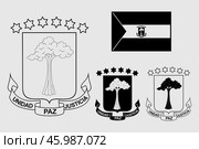 Герб и флаг Экваториальной Гвинеи. Гравировка. The coat of arms of Equatorial Guinea. Engraving print. Редакционная иллюстрация, иллюстратор Гербы Флаги / Фотобанк Лори