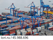 Vladivostok, Russia - August 9, 2021: Cargo cranes loading colorful containers in the port of vladivostok, russia, with the zolotoy rog bridge in the background. Редакционное фото, фотограф Mikhail Davidovich / Фотобанк Лори