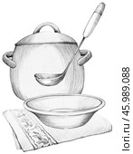 Saucepan with stirrer and plate on Cotton or linen towel with ornament. Kitchen textiles are hand-drawn with pencil, used for designing recipes and menus. Стоковое фото, фотограф Екатерина Тимонова / Фотобанк Лори