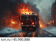 A dramatic scene of a fire in the city. In the foreground is a red fire truck with flashing lights, covered in snow and water droplets, symbolizing the extreme working conditions. Behind the truck is a building engulfed in intense flames, with flames and thick black smoke billowing into the winter grey sky.The road is covered in snow and ice, adding a cold contrast to the hot flames. The reflections of the firelight on the wet and frozen road surface create a dramatic effect. The scene conveys the tension, danger and heroism of the firefighters working in difficult conditions. Стоковое AI-изображение, AI-художник Анна Кривицкая / Фотобанк Лори