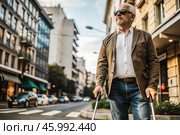 Disability. Loss of vision. A blind man with a cane and dark glasses is walking along a city street. International Day of the Blind on November 13. Стоковое AI-изображение, AI-художник Photojuli / Фотобанк Лори