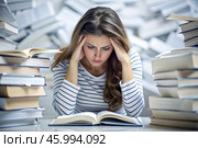 Reads, prepares for exams. use. Admission to the institute. A young girl holds her head among many books, stays at home and studies. Стоковое AI-изображение, AI-художник Photojuli / Фотобанк Лори