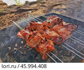 Grilling skewered meat over an open flame at a picturesque riverside during a sunny afternoon. Стоковое фото, фотограф Александра Селина / Фотобанк Лори