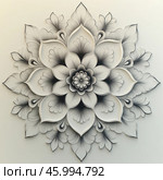 Graceful ornament in the form of a flower mandala. The work is done in black and white, with thin lines and soft shadows, which creates the effect of volume and multi-layering. The central element of the composition is a flower with petals that diverge in the form of concentric circles. Each petal is decorated with details resembling feathers or thin lines, which gives the image sophistication and harmony. The ornament looks symmetrical and balanced, creating a sense of calm and beauty. Стоковое AI-изображение, AI-художник Анна Кривицкая / Фотобанк Лори