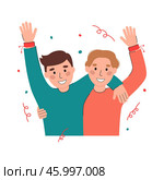 Two happy boys in friendship bracelets vector flat illustration. International Friendship Day banner design. Smiling people and confetti isolated on white background. DIY wristband for friends. Стоковая иллюстрация, иллюстратор Алина Умарова / Фотобанк Лори