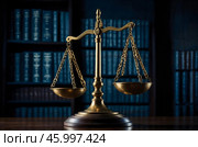 Scales of Justice in the dark Court Hall. Law concept of Judiciary, Jurisprudence and Justice. Copy space. Стоковое AI-изображение, AI-художник Александр Поташев / Фотобанк Лори