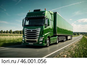 Large modern commercial green truck with trailer speeding driving on highway, fast motion. Export freight logistics transportation by van truck. Import cargo travelling concept. Copy ad text space. Стоковое AI-изображение, AI-художник Aleksandr Golubev / Фотобанк Лори