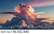 Majestic clouds illuminated by warm sunlight at sunrise over a tranquil landscape. Стоковое AI-изображение, AI-художник Сергей Толмачёв / Фотобанк Лори