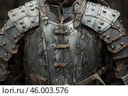 Medieval warrior wearing chest plate armor with rivets and leather straps. Стоковое AI-изображение, AI-художник Иван Рябоконь / Фотобанк Лори