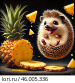 Изображение ежа с ананасом в полете на черном фоне. Image of a hedgehog with a pineapple levitating on a black background. Стоковое AI-изображение, AI-художник Igor Murashko / Фотобанк Лори