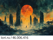 A fantastic landscape with a huge red moon against the night sky. In the center of the composition you can see a lone figure standing on a road or plateau surrounded by fog. On both sides rise massive stone spires or ruins, creating a sense of abandonment and antiquity. The color palette is dominated by warm orange-red tones with transitions to dark green and blue shades. The atmosphere of the image is mystical, mysterious, with a touch of epic drama. Стоковое AI-изображение, AI-художник Анна Кривицкая / Фотобанк Лори